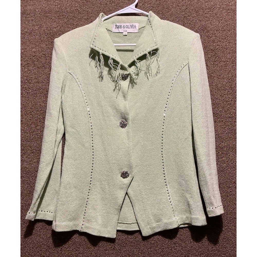 Todd & Olivia Cardigan Sweater Jacket Lt Green 10 Western Cut Embellished Fringe